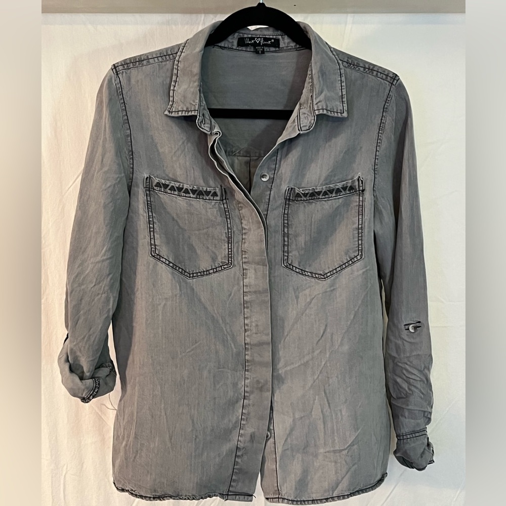 Washed gray button down with embroidery detail on pockets. Size S